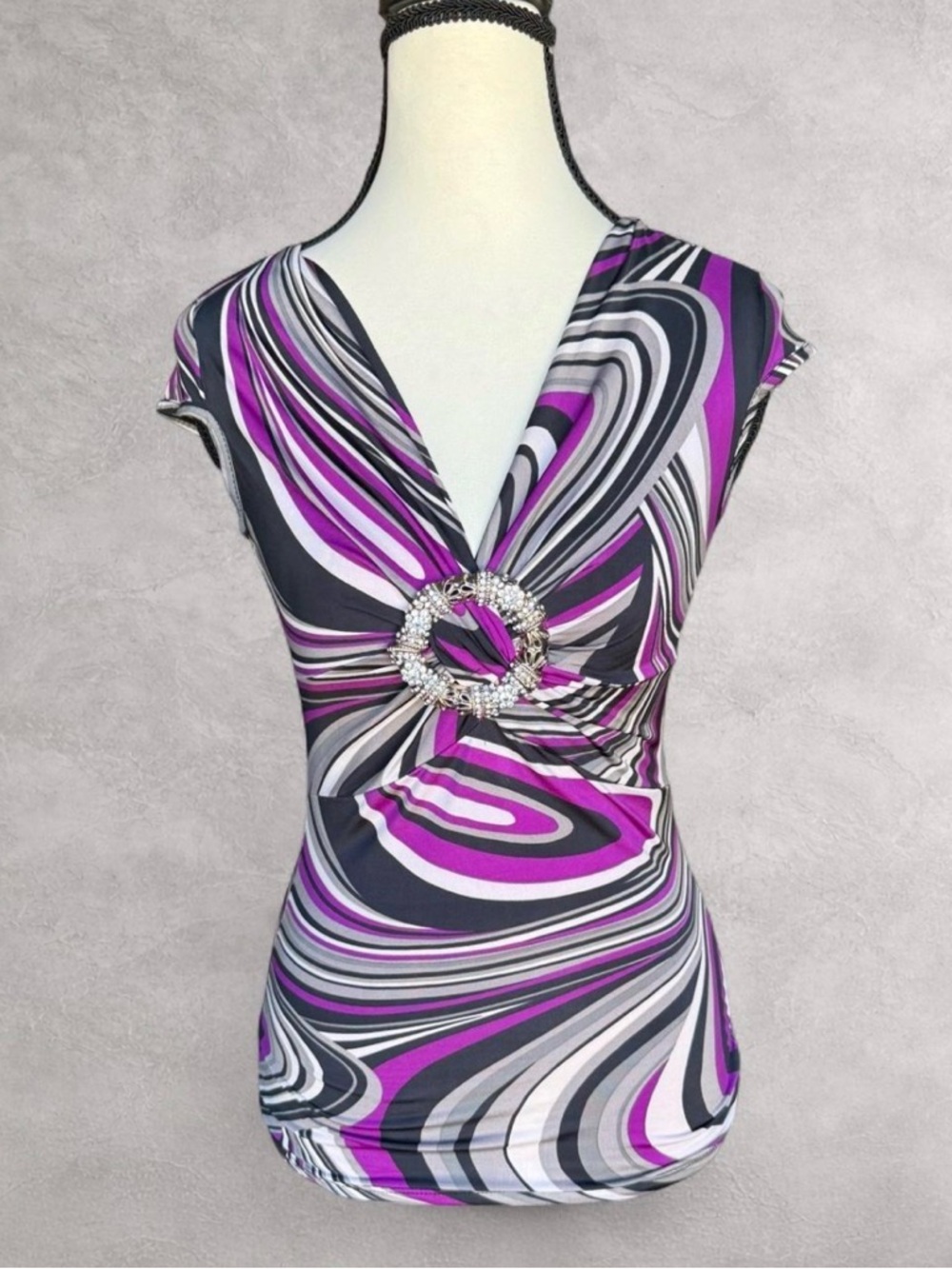 Purple and Gray Swirl V-Neck Top with Rhinestone Ring